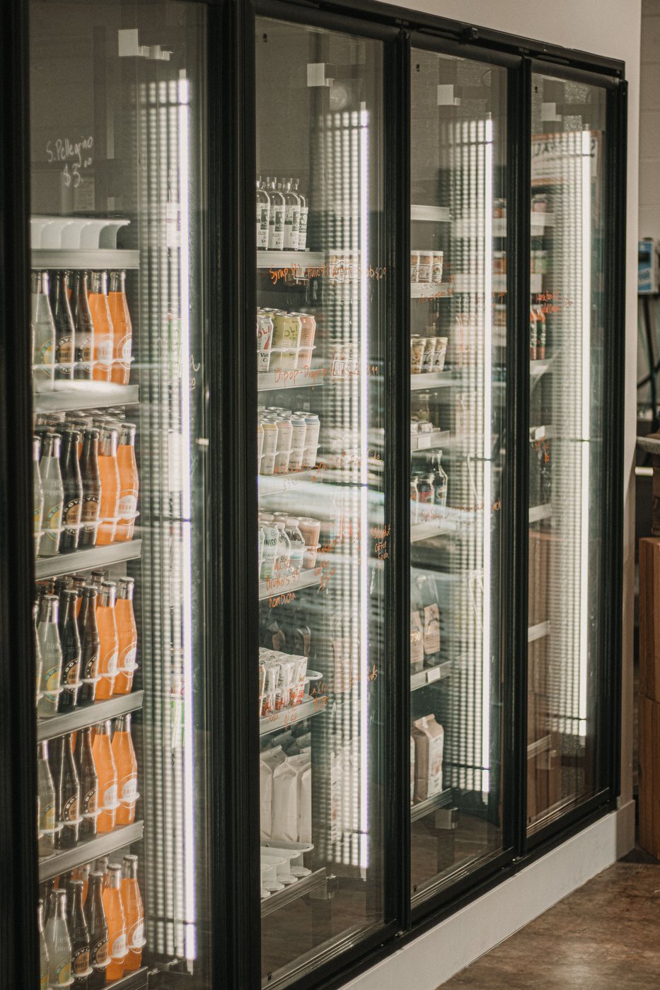 Commercial refrigerated display cases in a grocery store